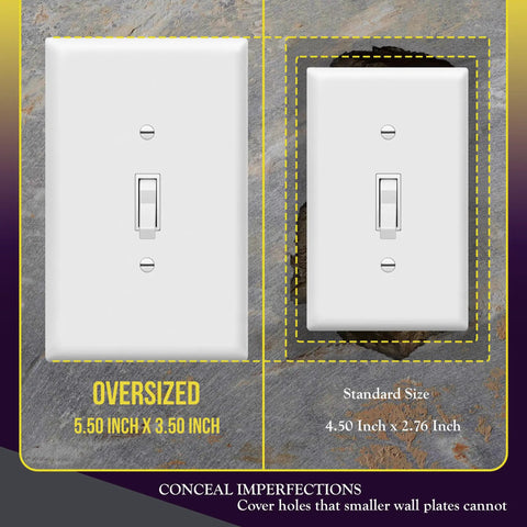 Comparison of oversized 5.5 x 3.5 inch and standard size toggle light switch wall plates in white polycarbonate.