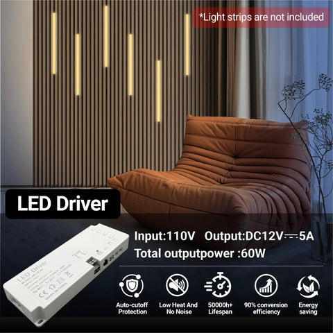 Six-Port 12V 60W LED Power Supply With Dimmer, 5A Output, Includes Six 2m Welding Extension Cords, Low Voltage Transformer For Under Cabinet And Wall Panel Lighting, DIY Friendly, Safe For Dry Indoor Use, Overload And Short-Circuit Protection, white LED driver