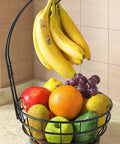 Smooth Spinning 360 Degree Rotating Fruit Bowl With Hefty Capacity Deep Basket And Solid Banana Stand For Kitchen Counter Organization with various fruits.