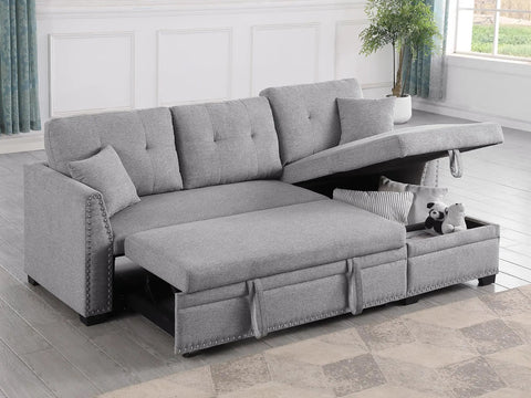 Straight Up Comfy 82 Inch Sectional Sofa Bed With Hidden Storage Chaise Drawer And Easy Pull Out Sleeper Frame tailored for studio apartments, grey fabric and pull-out sleeper frame.