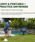 Golfer practicing with Ultimate Golf Chipping Net And Mat System For Portable Indoor Practice With Automatic Ball Return outdoors