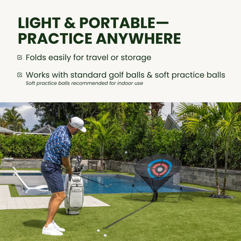 Golfer practicing with Ultimate Golf Chipping Net And Mat System For Portable Indoor Practice With Automatic Ball Return outdoors