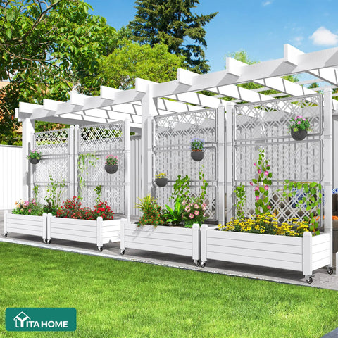 Raised Garden Bed On Wheels With Trellis For Climbing Plants, Weatherproof Resin Planter Box, Elevated Outdoor Garden Bed, White