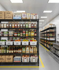 Beefed Up Heavy Duty Storage Shelves With Adjustable Height, 3200 Lb Capacity, 55.5 Inch Wide By 18 Inch Deep By 71 Inch High Industrial Shelving For Garage, Warehouse, Kitchen And Office, Maximizes Vertical Space And Cuts Storage Costs. Black metal pantry shelving with bins and jars