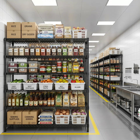 Beefed Up Heavy Duty Storage Shelves With Adjustable Height, 3200 Lb Capacity, 55.5 Inch Wide By 18 Inch Deep By 71 Inch High Industrial Shelving For Garage, Warehouse, Kitchen And Office, Maximizes Vertical Space And Cuts Storage Costs. Black metal pantry shelving with bins and jars