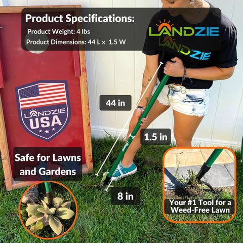 Stand Up Weeder Tool With 55 Inch Steel Long Handle For Easy Root Removal In Lawns And Gardens, shown in use by a person
