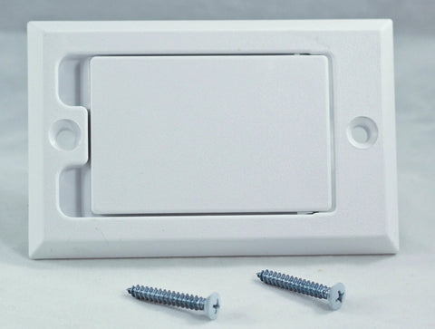 Central vacuum wall inlet with white square door; front view showing two mounting screws.