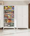 Badass Heavy Duty Metal Storage Cabinet With Two Doors And Four Expansive Shelves, Slick White Farmhouse Pantry Organizer For Kitchen filled with food items.