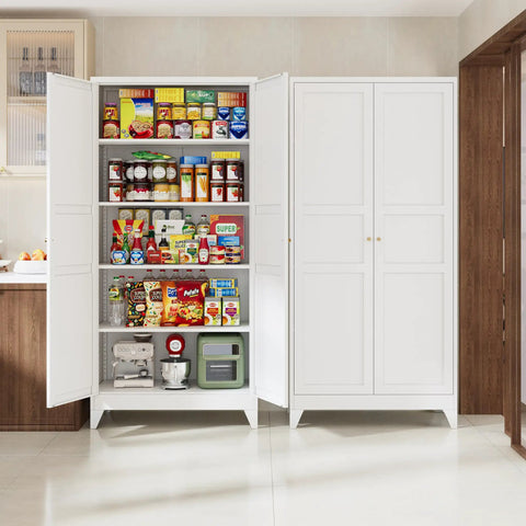 Badass Heavy Duty Metal Storage Cabinet With Two Doors And Four Expansive Shelves, Slick White Farmhouse Pantry Organizer For Kitchen filled with food items.