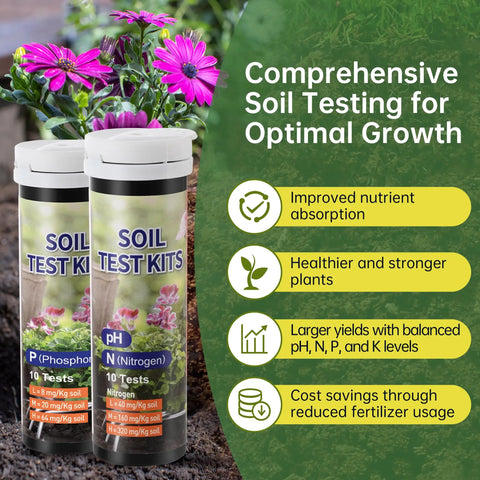 4-In-1 Soil Test Kit For PH, Nitrogen, Phosphorus And Potassium Levels - 40 Tests for garden use, displayed with flowers.
