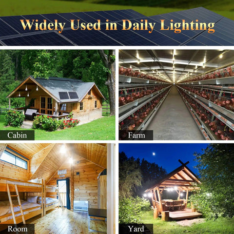 All In One Indoor Solar Lights Kit With Four LED Bulbs, 30W Solar Panel, 115Wh Backup Battery And Phone Charger in diverse settings
