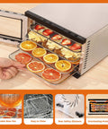 Heavy Duty Five Tray Electric Food Dehydrator With Digital Timer And Temp Control Up To 176 Degrees Fahrenheit Silver Slick Even Airflow Design No Sweat Operation Real Deal For Beef Jerky Dog Treats showing trays of dehydrated fruits.