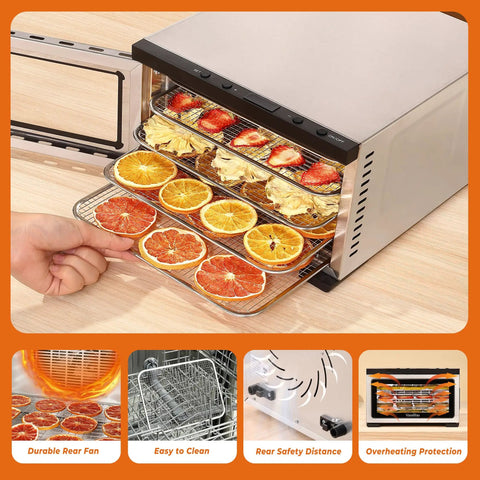 Heavy Duty Five Tray Electric Food Dehydrator With Digital Timer And Temp Control Up To 176 Degrees Fahrenheit Silver Slick Even Airflow Design No Sweat Operation Real Deal For Beef Jerky Dog Treats showing trays of dehydrated fruits.