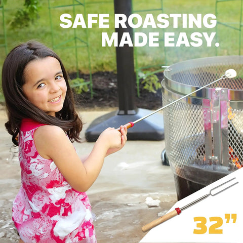 Child using Smores Sticks For Fire Pit And Campfire Kit With Long 32 Inch Stainless Steel Roasting Forks For Marshmallows Hot Dogs
