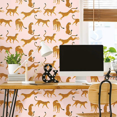 Pink And Orange Cheetah Peel And Stick Wallpaper Roll No Mess Easy To Install Eighteen Inches Wide And Eighteen Point Eight Six Feet Long 100 Percent Removable With No Sticky Residue Renters Friendly Decorative Wall Covering For Accent Walls