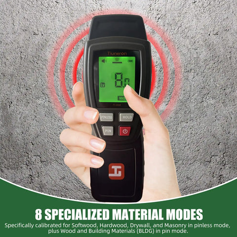 Dual Mode Moisture Meter For Wood And Building Materials Pin And Pinless 2 In 1 Moisture Detector With Backlight And Buzzer Digital Water Leak Tester For Hardwood Softwood Drywall And Masonry, held in hand