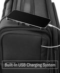 Side view of black Samsonite UpLIFT softside carry-on with built-in USB charging and a smartphone on top.