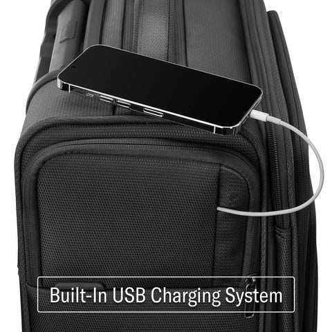 Side view of black Samsonite UpLIFT softside carry-on with built-in USB charging and a smartphone on top.
