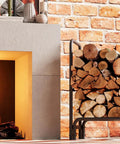 Sturdy Firewood Rack And Log Holder For Indoor Outdoor Use Heavy Duty 25mm Tubular Steel Log Storage Stack Supports Up To 400 Pounds Rustproof Black Powder Coated Firewood Organizer For Fireplace And Patio next to a brick wall