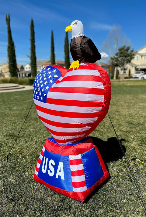 5 Foot Tall Patriotic Inflatable Love Heart With American Flag And Bald Eagle Pre Lit LED Lights Outdoor Indoor Lawn Yard Decor For 4th Of July Independence Day Celebrations on grass