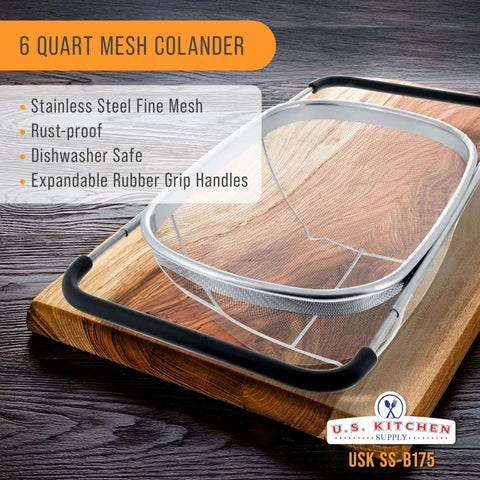 6-Quart Over The Sink Stainless Steel Colander With Expandable Rubber Handles on a wooden surface