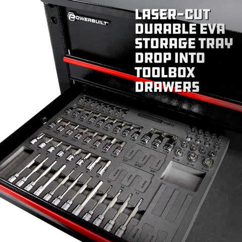 64 Piece Bit Socket Set With Long Reach And Up To 4 Inch Bits Hex And Torx Plus Specialty Bits in laser-cut organizing tray
