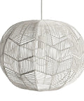 White Rattan Pendant Light Snaggle One Light Large Ceiling Fixture For Vaulted Ceilings With Rattan Shade Adjustable Hanging 22.5 To 81 Inches 19.7 Inch Wide 25 Inch Tall Modern High Shine Showstopper Finish shown from side view