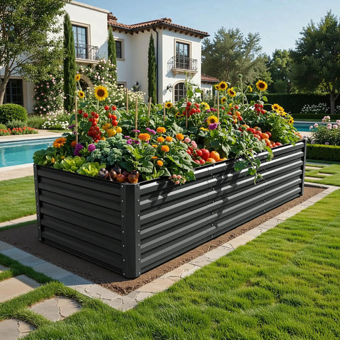 Large Raised Garden Bed Kit 8x4x2ft with galvanized metal planter box in black, filled with vegetables and flowers, installed outdoors.