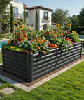 Heavy Duty Galvanized Raised Garden Bed Kit 8x4x2 Ft Large Metal Planter Box With Gloves And Safety Rubber And Support Rod For Outdoor Veggies And Flowers Black in landscaped yard with vibrant plants