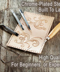 Leather Stamps Tool Set for Crafting with Sheridan Style Stamp Set II Featuring tools on decorated leather piece