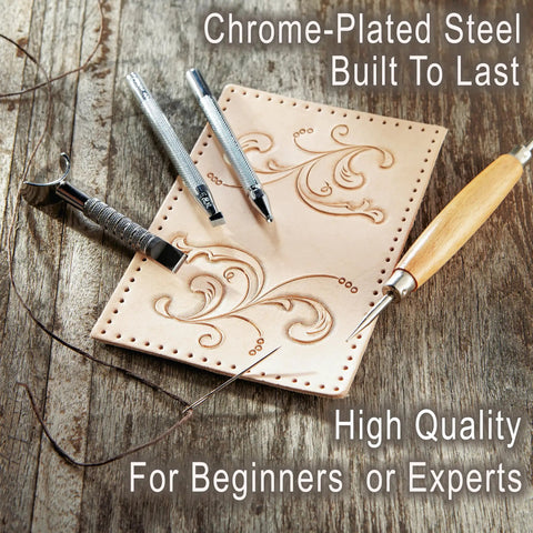 Level Up Your Leather Crafting Game With This Sweet Beginner Tooling Kit Featuring A Sharp Swivel Knife Six Essential Stamps Veg Tan Patterns And A Nifty Instructional Booklet For Dope Custom Designs including chrome-plated steel tools and decorative leather patterns.