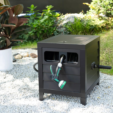 Heavy Duty Metal Garden Hose Reel Deck Box With Durable Steel Storage Cabinet Holds 150 Ft Of Five Eighths Inch Hose Manual Rewind Guide