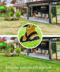 Side by side lawn comparison with One Size Fits All Lawn Aerator Shoes With Upgraded X Shaped 8 Strand Straps And 13 Steel Spikes after use.
