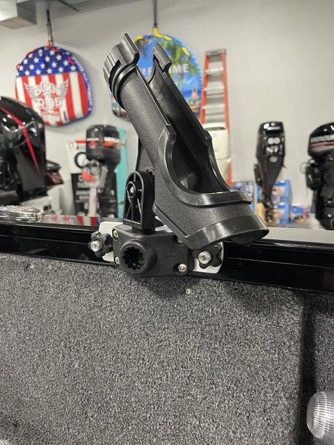 Rod Holder Mount Bracket For Boats With SureMount Track Systems Blackout Finish, Fits Straight Or Angled Gunwale Tracks, Compact 2 Inch Wide By 6 And A Half Inch Long, Easy Access Knobs With Knurled Bolt Head Position Control on boat track
