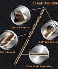 RCINDUS cobalt drill bit 1/8 in front view, HSS Co 5%, fully ground, 135-degree self-centering, laser engraving