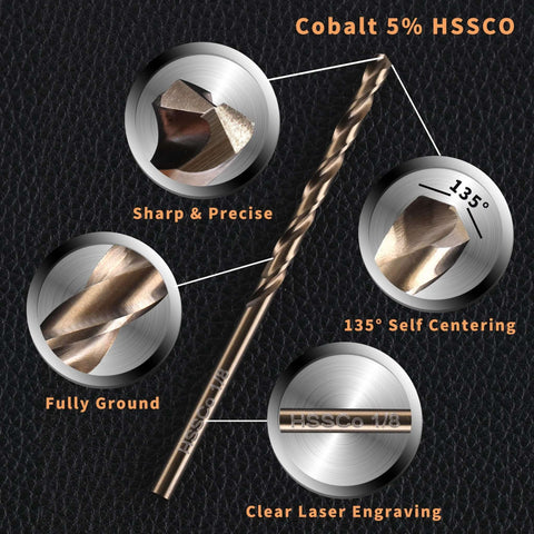 RCINDUS cobalt drill bit 1/8 in front view, HSS Co 5%, fully ground, 135-degree self-centering, laser engraving