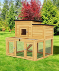 All Weather Critter Friendly Wooden Poultry Run And Rabbit Hutch With Removable Ramp Two Tier Chicken Coop And Playpen For Chickens Rabbits Quail Pets Spacious Outdoor Cage For Garden And Backyard, wooden structure on grass with red tree background
