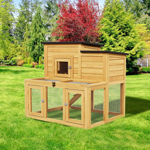 All Weather Critter Friendly Wooden Poultry Run And Rabbit Hutch With Removable Ramp Two Tier Chicken Coop And Playpen For Chickens Rabbits Quail Pets Spacious Outdoor Cage For Garden And Backyard, wooden structure on grass with red tree background