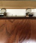 Solid Oak Elongated Toilet Seat with Cover and Polished Chrome Hinges for Vintage Bathrooms Classic Mahogany Finish top view with chrome fittings.