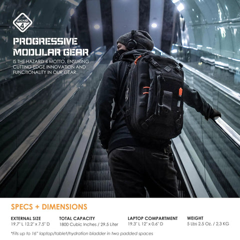 Person wearing impact-resistant hardshell camera and drone backpack with external mounting system, rugged water-repellent case visible.