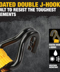 Coated double J-hook detail of Beefy 2 Inch By 27 Foot Ratchet Tie Down Strap with weather-resistant features