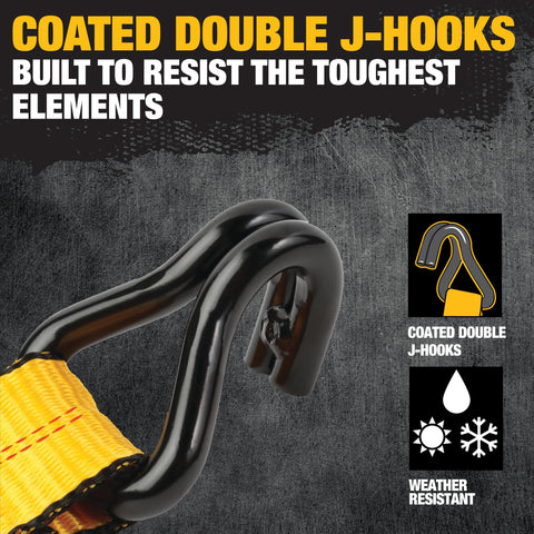 Coated double J-hook detail of Beefy 2 Inch By 27 Foot Ratchet Tie Down Strap with weather-resistant features