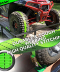 Heavy Duty Wheel Chock Tie Down Kit With 2 Inch By 15 Foot Ratchet Straps For Car Trailer UTV ATV No Hassle Tie Downs 2 Pack All In One Securement Kit securing a UTV
