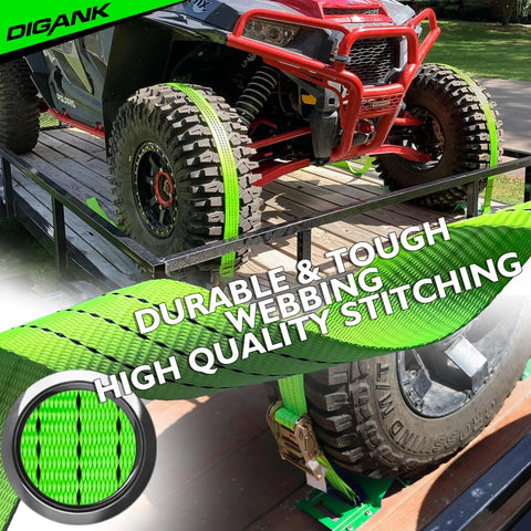 Heavy Duty Wheel Chock Tie Down Kit With 2 Inch By 15 Foot Ratchet Straps For Car Trailer UTV ATV No Hassle Tie Downs 2 Pack All In One Securement Kit securing a UTV