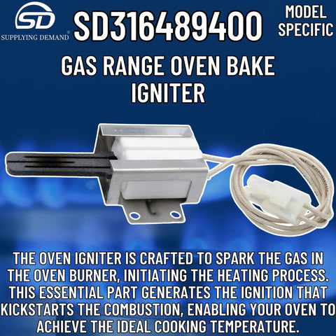 Model Specific Gas Range Oven Bake Igniter Replacement For 316489400 And 316428500 shown with cord and connector.