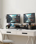 Dual Monitor Desk Riser With Drawer In Rustic Brown, Built In Phone Holder, Customizable Organizer Tray With Dividers, Side Caddies