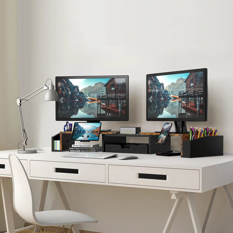 Dual Monitor Desk Riser With Drawer In Rustic Brown, Built In Phone Holder, Customizable Organizer Tray With Dividers, Side Caddies