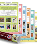 Six Dope Art Movements Poster Set For Classrooms Featuring Expressionism, Surrealism, Baroque, Impressionism, Cubism, And Futurism, 12 x 18 Inch Classroom Decor Satin Paper Made In USA Ideal For K12 Teachers And Students displayed with Expressionism art poster on top.