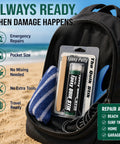 Premium Grade No Sweat Epoxy Putty Stick For Patching Fiberglass Surfboard And Paddleboard Dings Waterproof Quick Fix Adhesive Glue Molding Paste Repair Kit displayed in a backpack on a beach.