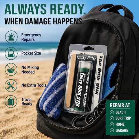 Premium Grade No Sweat Epoxy Putty Stick For Patching Fiberglass Surfboard And Paddleboard Dings Waterproof Quick Fix Adhesive Glue Molding Paste Repair Kit displayed in a backpack on a beach.